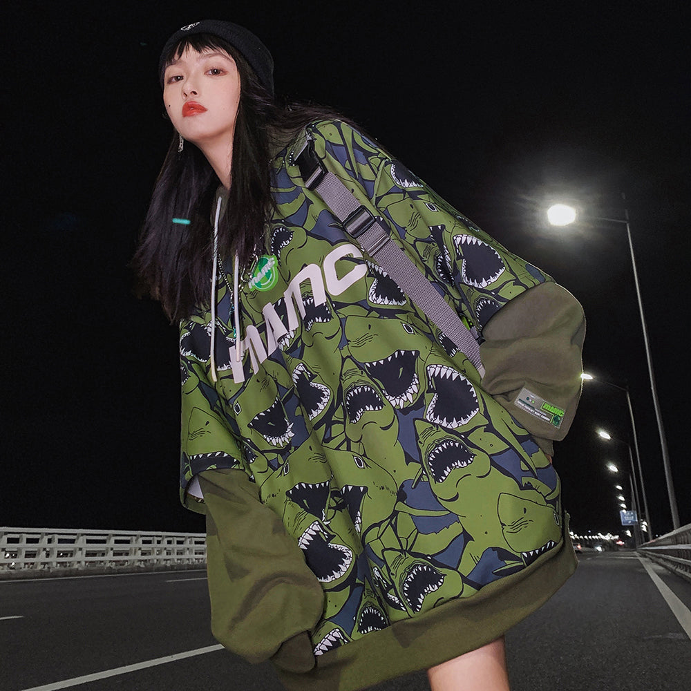 MAMC SHARKS layered-sleeve graphic hoodie, green, close nighttime outfit